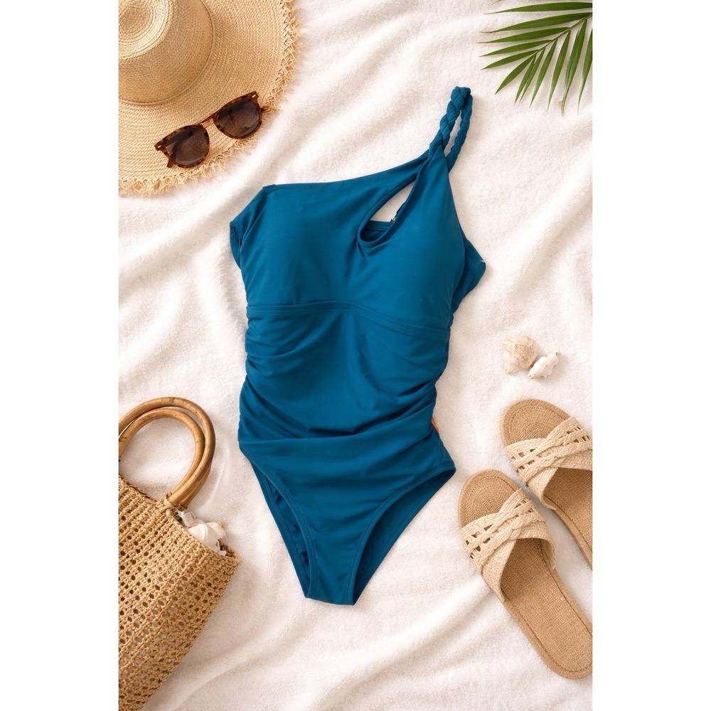 Shade & Shore Size 14 Teal One Shoulder One Piece Swimsuit Braided Strap